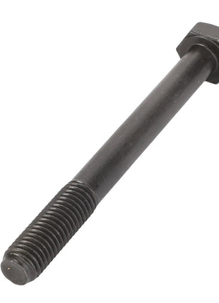 An AGCO hexagonal head bolt (model: F395200210050) with a finely threaded end in black.