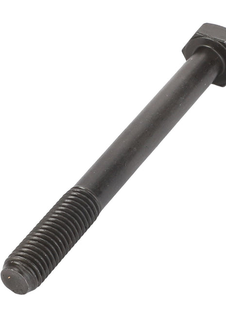 An AGCO hexagonal head bolt (model: F395200210050) with a finely threaded end in black.