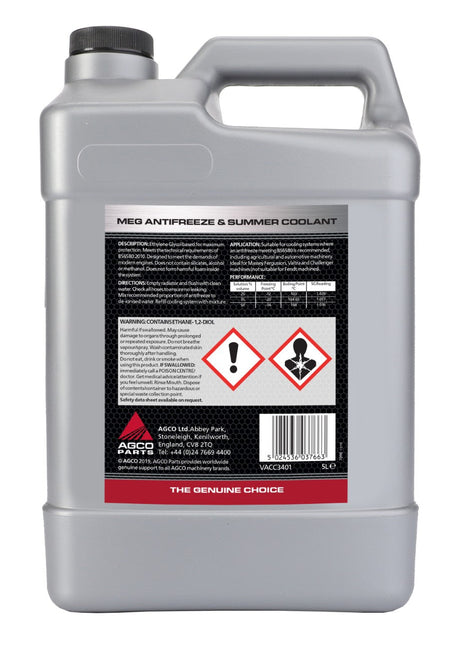 A gray, 5-liter container of AGCO Parts Universal Meg Anti-Freeze (Vacc3401) offers engine protection and features hazard symbols for toxicity and environmental danger on the label.