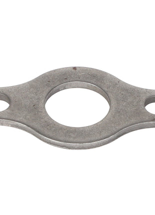 The AGCO | Seal Plate - Acp0340810, crafted from silver metal, features a central circular hole and two smaller holes on either side, engineered with precision for seamless integration.