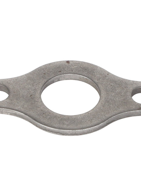 The AGCO | Seal Plate - Acp0340810, crafted from silver metal, features a central circular hole and two smaller holes on either side, engineered with precision for seamless integration.