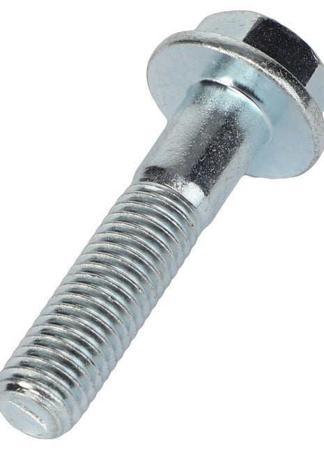 The AGCO SCREW - AL5005999 is a silver metal hex bolt featuring threads along the majority of its length and a smooth, washer-like flange below the hex head.