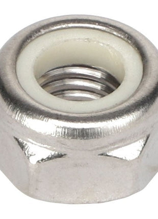Close-up of the AGCO HEX LOCKNUT - AG520875, a hexagonal metal locknut with a nylon insert, designed to prevent loosening.