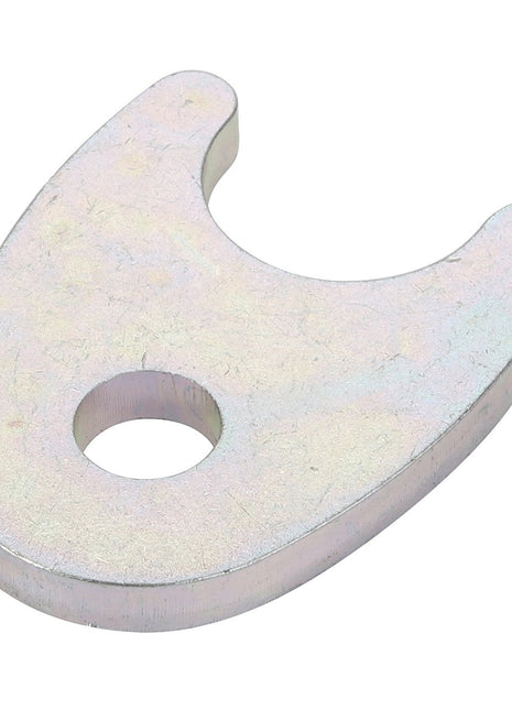 Introducing the AGCO | Lock Pin - Acx009741A, a metallic flat bracket with a central hole and two prongs forming a U-shape from the renowned brand AGCO.