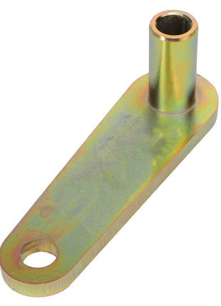 The AGCO PIVOT ARM - SN18962 is a metallic bracket with a cylindrical protrusion on one end and a hole on the opposite, featuring a slightly iridescent finish. For inquiries or ordering information, please contact our support team.