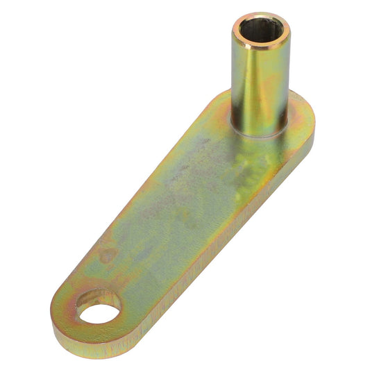 The AGCO PIVOT ARM - SN18962 is a metallic bracket with a cylindrical protrusion on one end and a hole on the opposite, featuring a slightly iridescent finish. For inquiries or ordering information, please contact our support team.
