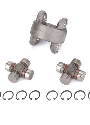 AGCO | Kit Body - Acp0316270 for AGCO tractors, includes two cross and bearing assemblies, one coupling yoke, and eight retaining clips arranged on a white background. This Genuine AGCO Parts repair kit ensures reliable performance and seamless integration.