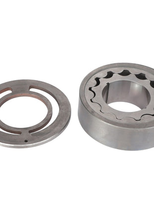 The AGCO | COUPLING - AG137549 is a metal mechanical component from the brand AGCO, featuring a circular outer ring with internal gear teeth and an accompanying separate flat, circular disc with cut-out sections. No current product description information is available at this time.