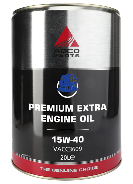 A 20-liter canister of AGCO Parts Premium Extra Engine Oil, 15W-40, model Vacc3609, bears the AGCO logo alongside a blue engine graphic and the tagline 'The Genuine Choice.' This product is ideal for heavy-duty diesel engines.