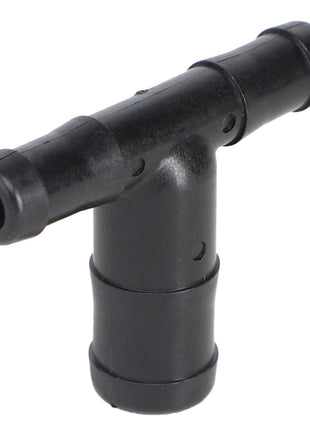 The AGCO HOSE BARB - AG051481 is a black plastic T-shaped hose connector with three openings; for assistance, contact our support team.