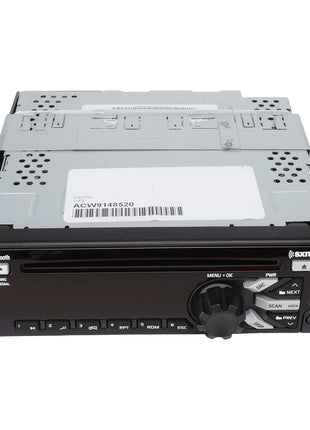 Image of the AGCO Radio - Acw9148520 car stereo system features Bluetooth connectivity, a USB port, and various control buttons on the front panel. The back view shows a metal chassis with a sticker displaying a barcode and serial number. No current product description information from AGCO is available for further details.