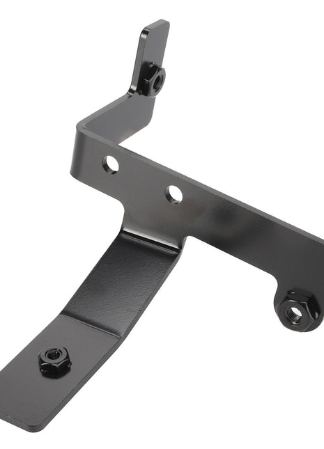 The AGCO Bracket - Acw7598170 by AGCO is a black metal bracket featuring three mounting holes and two attachment points. Although there is no current product description information available, this bracket has a bent shape with a flat end and an elevated end, offering versatile mounting options.