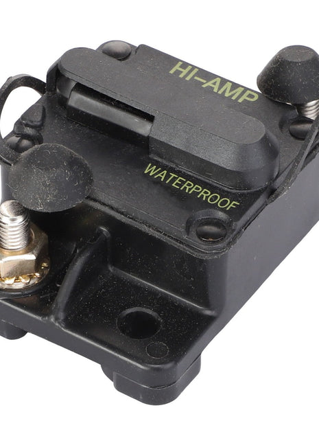 Close-up of an AGCO Hi-Amp circuit breaker (AG610606) in black, featuring waterproof construction and two terminal connections for secure and reliable performance.