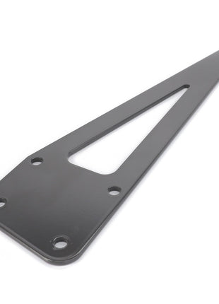 The AGCO Bracket - 7063697M1 is a flat, black metal bracket featuring a triangular cutout and five holes, designed specifically for MF 7360 and compatible with Massey Ferguson and Fendt models.