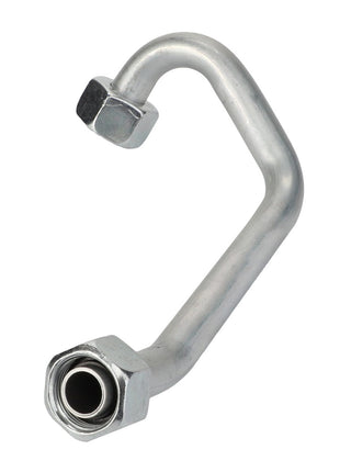 The AGCO Pipe - Acp0667880 features a sleek silver metal design with hexagonal connectors on each end, bent into an elongated "S" shape.