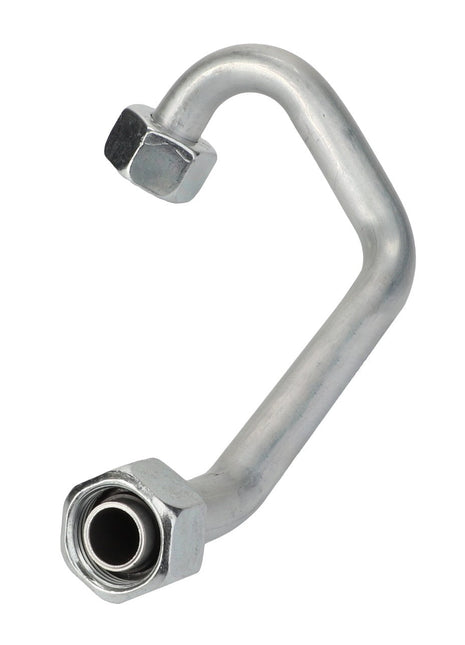 The AGCO Pipe - Acp0667880 features a sleek silver metal design with hexagonal connectors on each end, bent into an elongated "S" shape.