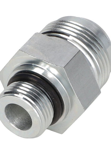 Close-up of the AGCO ADAPTER - AG703871, a metal hydraulic fitting connector featuring threaded ends and a black rubber O-ring. No current product description information is available.