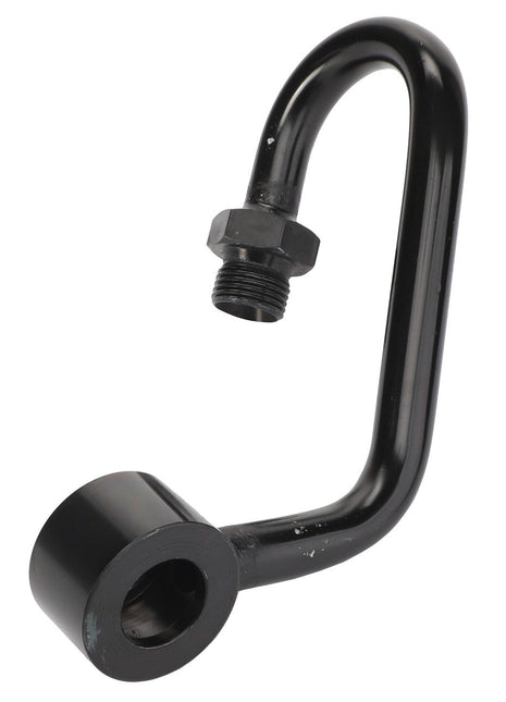 A black metal pipe with a curved shape, featuring a threaded fitting on one end and a cylindrical attachment on the other. Product Name: AGCO | PIPE - AL313485, Brand Name: AGCO. No current product description information is available.