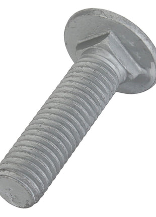 Close-up of a sleek AGCO Round Head Square Neck Carriage Bolt - Acw1059470, featuring a silver metal finish with a round, flat head and threaded shaft, positioned diagonally against a plain white background.