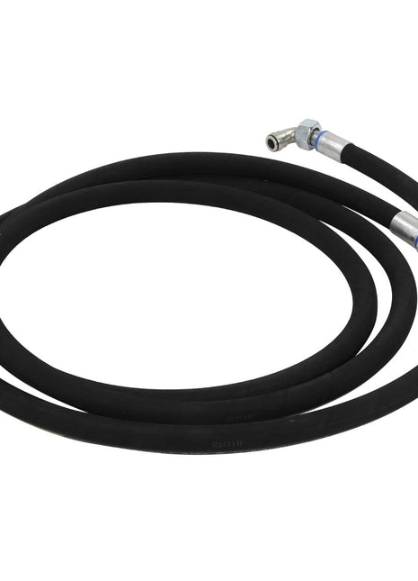 A coiled black hydraulic hose, AGCO model D45130156, featuring sturdy metal fittings at both ends.