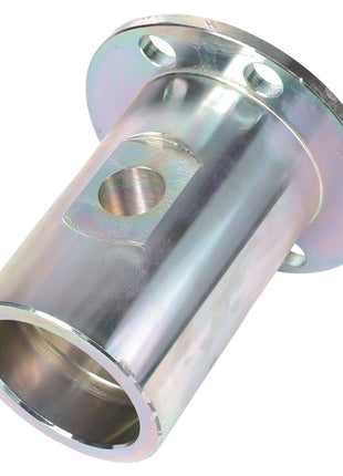 The AGCO Spindle Bush - Acx2760840 is a metal cylindrical part with a flanged end featuring four bolt holes and a central threaded hole on the side.