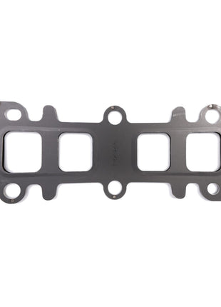 The AGCO | Seal, Exhaust Manifold - F339202100050, a meticulously engineered product by AGCO, features three rectangular cutouts and five bolt holes set against a white background, crafted to meet precise material specifications.