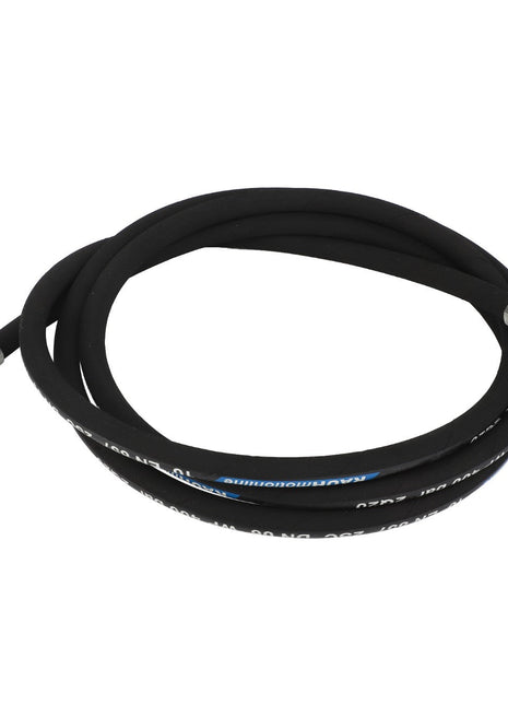 The AGCO Hydraulic Hose - Fel151033 is a coiled black hydraulic hose featuring metal connectors on both ends. No current product description available.