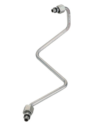 The AGCO Pipe - Acx2852150 is a silver, zigzag-shaped metal tube equipped with threaded connectors on both ends, ensuring seamless integration for various applications.