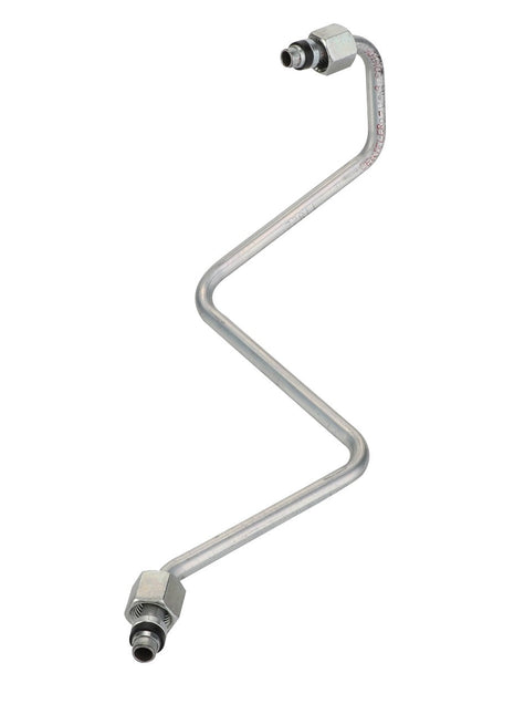 The AGCO Pipe - Acx2852150 is a silver, zigzag-shaped metal tube equipped with threaded connectors on both ends, ensuring seamless integration for various applications.