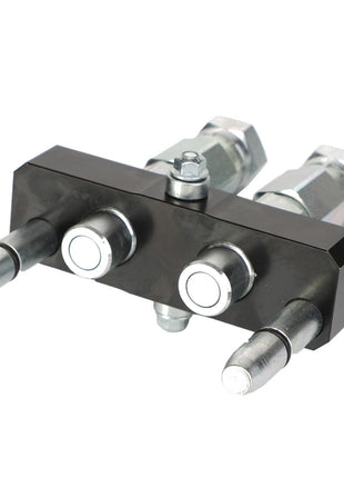 Close-up of the AGCO KIT, JOINT - AL10550180 mechanical component with three cylindrical connectors and metal fittings attached to a rectangular base, ensuring a problem-free hydraulic connection.