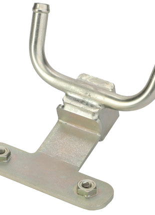 An AGCO Pipe - Acp0411310, boasting a robust metallic U-shaped support and flat base, is equipped with two bolts for secure installation.