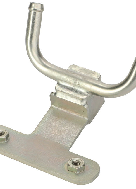 An AGCO Pipe - Acp0411310, boasting a robust metallic U-shaped support and flat base, is equipped with two bolts for secure installation.