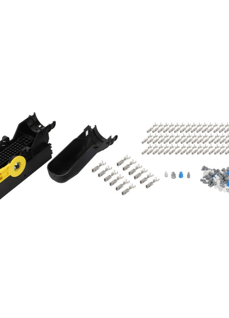 No current product description available, but the AGCO Disconnection Point Kit With Connector Pins (F339900950010) features various screws, wall plugs, and cable clips neatly arranged beside it in black and yellow.