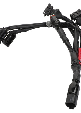 The AGCO | Wiring Harness - Acw383451A by AGCO, featuring multiple black connectors and cables along with a red segment, is displayed prominently against a clean white background.