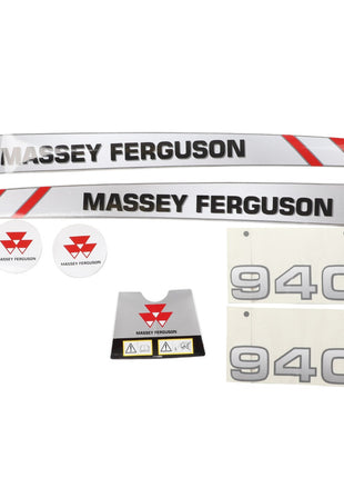 AGCO's Decal Kit for the MF 940 Front Loader (AL11133955) includes factory-engineered stickers: two long decals featuring "Massey Ferguson" text, two round logo stickers, a small logo plate, and numeral stickers reading "940." Ideal for agricultural machinery and compatible with AGCO Parts decals.