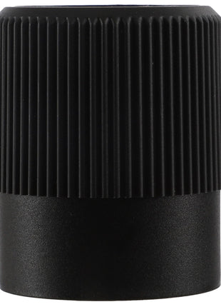 The AGCO | KNOB - 0.010.4410.0 features a black ribbed plastic cap with a smooth bottom section, making it ideal for sealing containers such as bottles or tubes. For ordering assistance or additional product information, please contact our team.