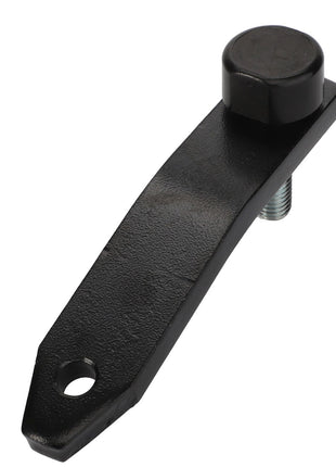 The AGCO Stopper - Acw4336050 by AGCO is a black metal lever featuring a rounded knob at one end and an attachment hole at the other, ensuring sturdy functionality. No current product description information is available.