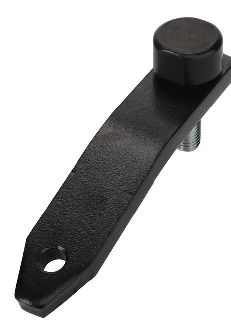 The AGCO Stopper - Acw4336050 by AGCO is a black metal lever featuring a rounded knob at one end and an attachment hole at the other, ensuring sturdy functionality. No current product description information is available.