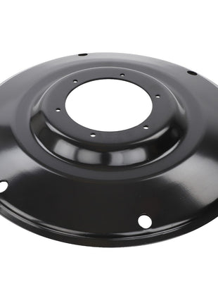 The AGCO Rotation Rotor Disc - Fel140673 is a circular, black metal plate featuring a central hole and several evenly spaced smaller holes around the perimeter; currently, no further product description is available.