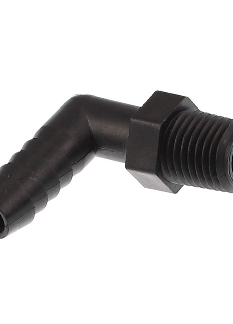 Introducing the AGCO HOSE - AG518264, a black plastic right-angle hose barb connector featuring a ribbed hose end and threaded end.