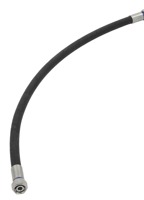 The AGCO Hydraulic Hose - Acw3355140 is a flexible black rubber hose with metallic connectors on both ends, slightly curved in an arc and boasting AGCO's abrasion-resistant coverings for durability in extreme temperatures.