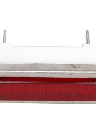 Introducing the AGCO Indicator - 8020703: A rectangular red indicator light framed with silver metal, featuring two metal prongs extending from the back. No current product description is available for this item.