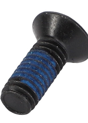 Product Description: The AGCO ACX2876540, a black, flat-headed metal screw with a blue threading segment, is prominently displayed against a white background.