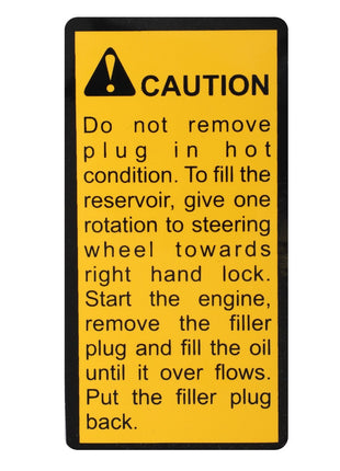 A yellow caution sign on the AGCO Decal - Acp0200040, branded by AGCO, instructs not to remove the plug when hot and provides steps to fill the reservoir, including rotating the steering wheel, starting the engine, and filling until overflow. No current product description available.