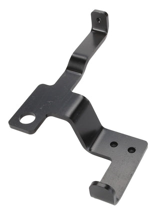 The AGCO Bracket - Acw2443230 is a black metal mounting bracket designed with multiple bends, featuring a large circular hole on one end and a rectangular notch on the other. Currently, there is no additional product description information available from AGCO.