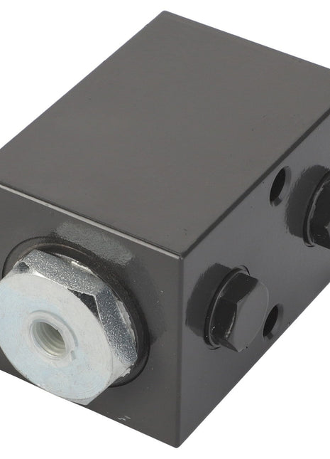 The AGCO Block - La322016900 is a black hydraulic valve block that includes three ports: one notable silver hexagonal port and two smaller black circular ports.