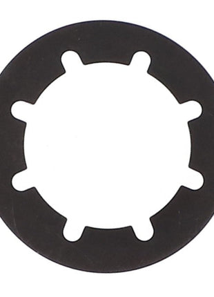 A AGCO RETAINING RING - AG727004 is a round, flat black washer with six evenly spaced internal tabs encircling its central hole.