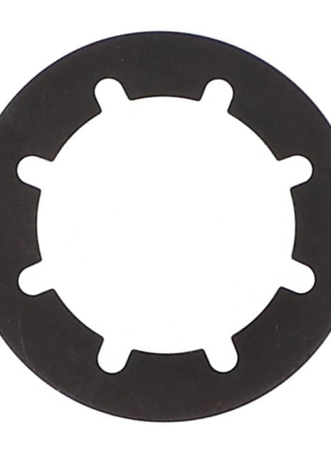 A AGCO RETAINING RING - AG727004 is a round, flat black washer with six evenly spaced internal tabs encircling its central hole.