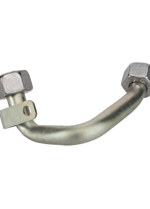 Introducing the AGCO Hose - Acp0668760: a robust metal tube equipped with two hexagonal nuts at each end and an attached mounting bracket. This versatile component is ideal for connection or fluid transfer within mechanical systems, embodying the reliability and innovation of the AGCO brand.