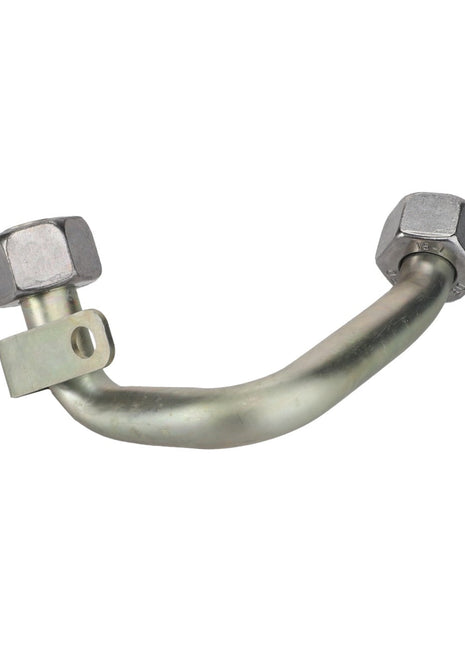 Introducing the AGCO Hose - Acp0668760: a robust metal tube equipped with two hexagonal nuts at each end and an attached mounting bracket. This versatile component is ideal for connection or fluid transfer within mechanical systems, embodying the reliability and innovation of the AGCO brand.